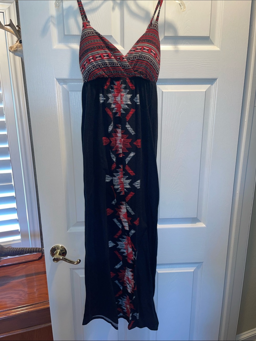 No Boundaries Black Maxi Dress with Red and White Aztec Print